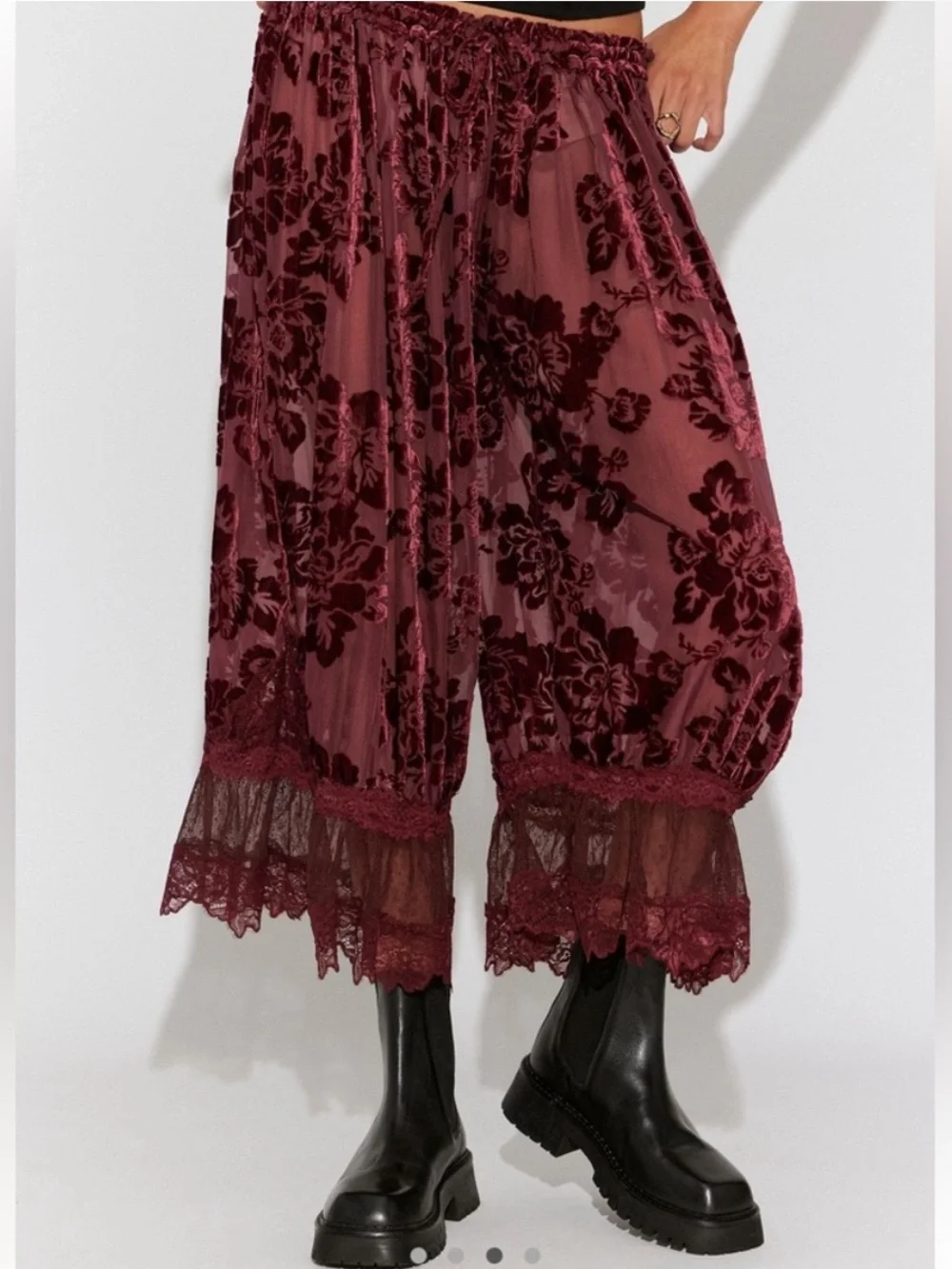 Free People Forever Young Floral Sheer Burgundy Red Bloomer Burnout Pants XS NEW - Picture 3 of 9